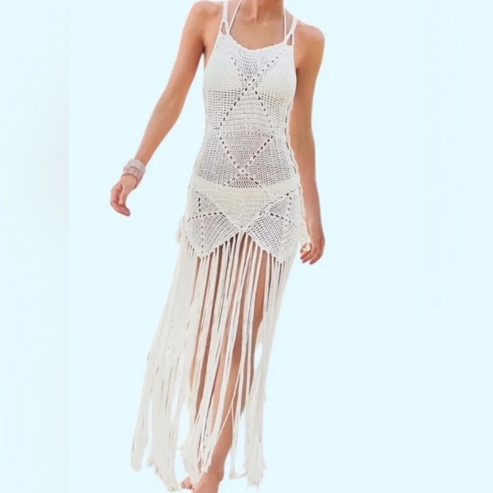 New LA Class White Crochet Knit Fringe Swim Beach Cover Up Womens size L